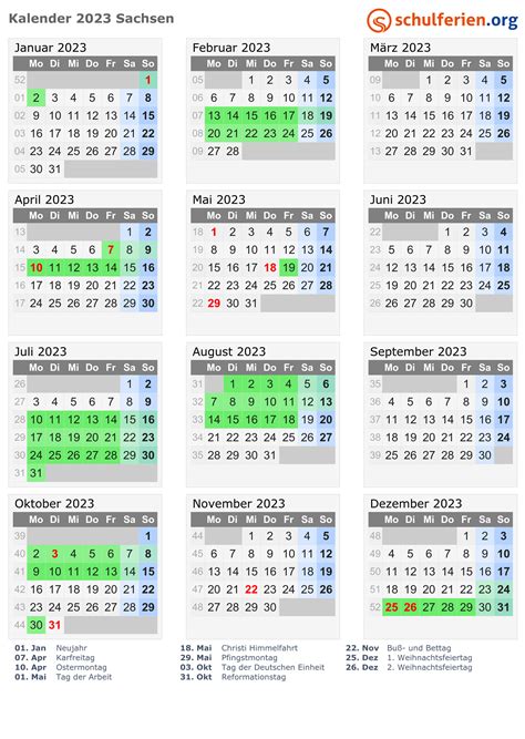 Kalender 2023 Ferien Sachsen Feiertage