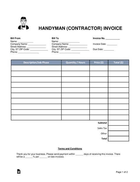 Free Handyman Contractor Invoice Template Word Pdf Eforms
