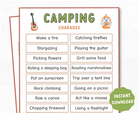 Camping Charades Printable Game Camping Pictionary Draw It Printable