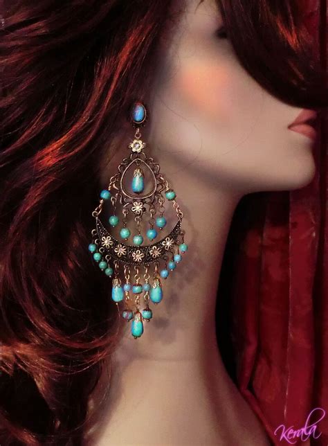 Large Exotic Boho Gypsy Chandelier Earrings Turquoise Beaded Etsy
