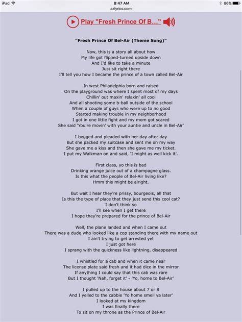 Theme Lyrics Prince Of Bel Air Fresh Prince Of Bel Air Songs