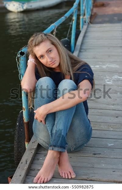 Young Cute Barefoot Girl Model Blue Stock Photo Edit Now