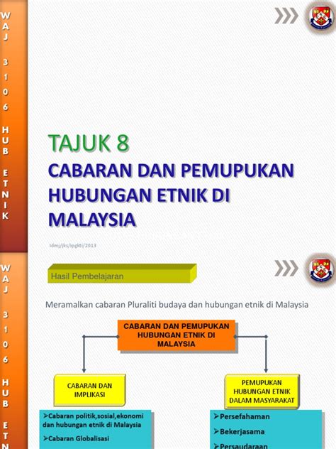 Kursus ini membincangkan hubungan etnik di malaysia dengan memfokuskan kepada perspektif kesepaduan sosial. CABARAN DAN PEMUPUKAN HUBUNGAN ETNIK DI MALAYSIA PDF