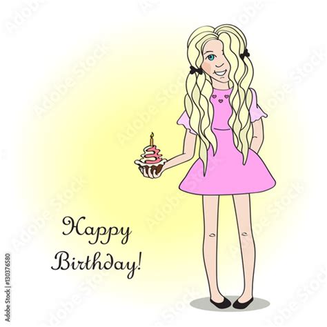Happy Birthday Card With Cute Girl Blonde Stock Image And Royalty