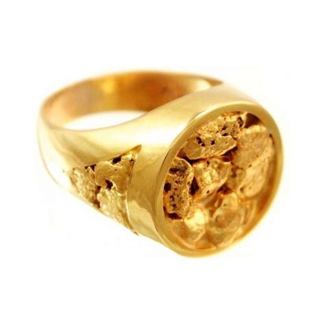 Round Faced Natural Alaskan Gold Nugget Mens Ring Alaska Jewelry