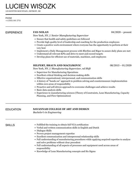 Manufacturing Supervisor Resume Samples | Velvet Jobs