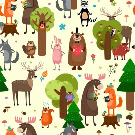Free Vector Happy Forest Animals Seamless Pattern Background