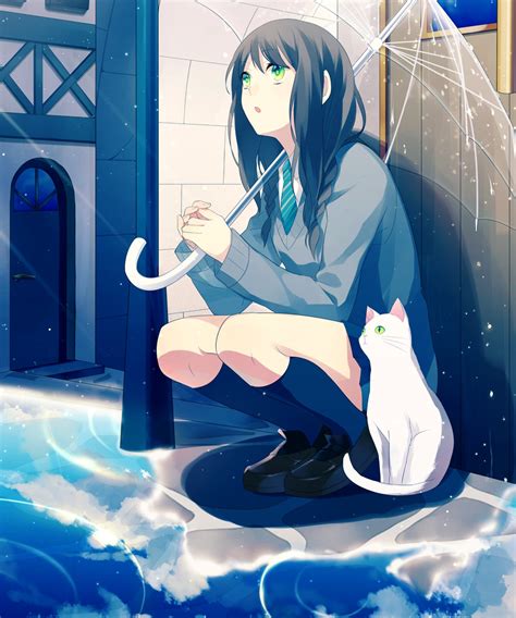Original Rain Anime Girl Cat Umbrella School Uniform
