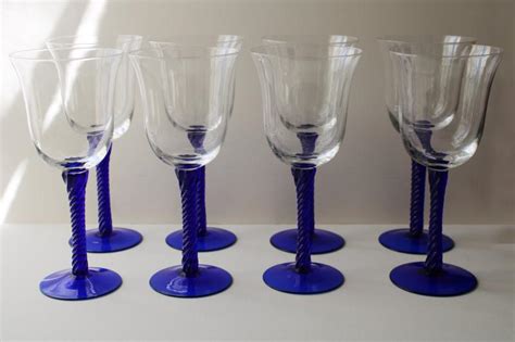 Vintage Hand Blown Glass Wine Glasses Cobalt Blue Twist Stem Clear Bowl Goblets
