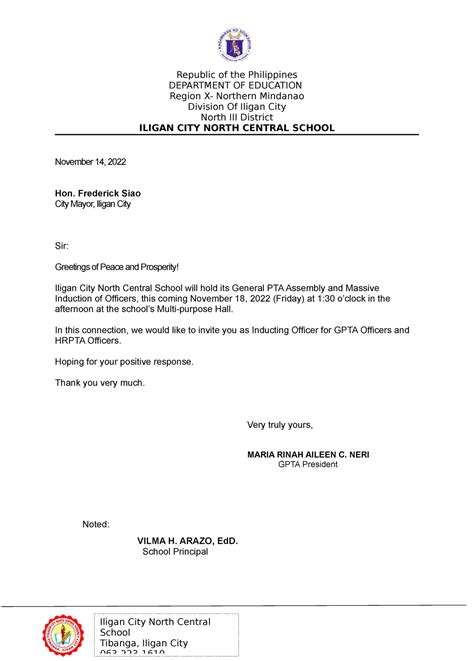 Invitation Letter for Induction of Officers - DEPARTMENT OF EDUCATION