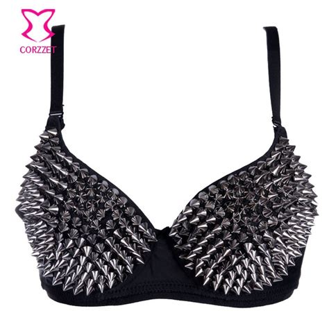 Gray Metallic Rivets Studded Bralette Push Up Bra Sexy Club Party Sujetadores Punk Rave Bras For