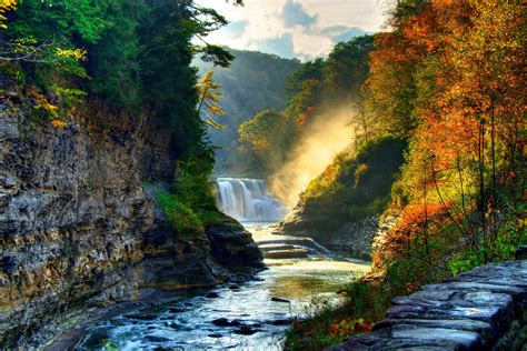 Landscape Nature Tree Forest Woods Autumn River Waterfall Wallpaper