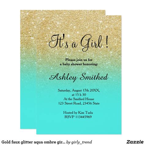 Gold Faux Glitter Aqua Ombre Girl Baby Shower Invitation Zazzle Com