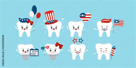 4 Th Of July Teeth Dental Icon Set Isolated Dentist Cute Tooth Implant