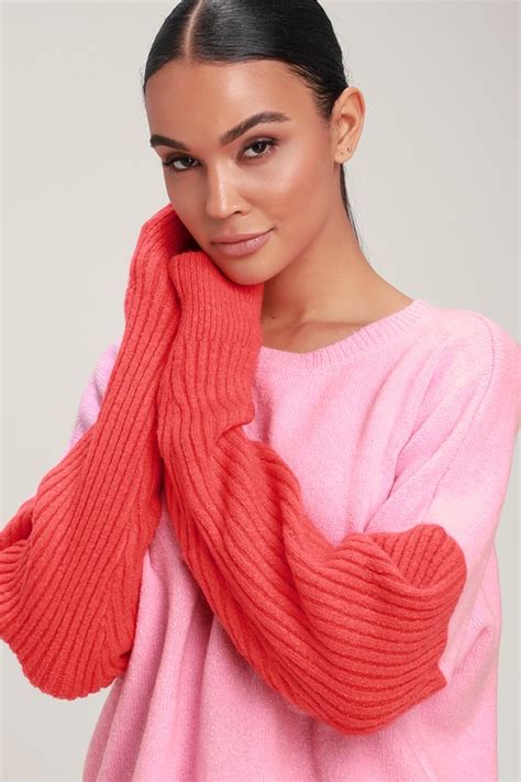 Cute Pink And Red Sweater Colorblock Sweater Two Tone Sweater Lulus