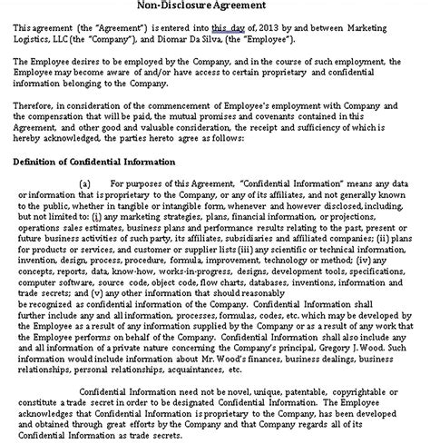 Allows the employee to work for a competitor. Non Disclosure and Confidentiality Agreement Template Sample