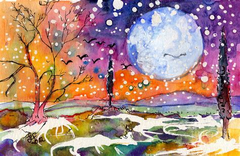 Winter Moon Whimsical Landscape Painting By Ginette Callaway Fine Art