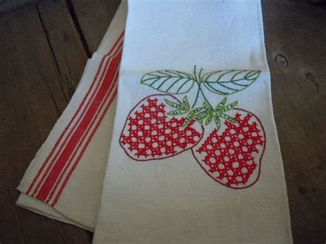 Dish Towel Vintage Strawberry Embroidery Cottage By Amarigoldlife