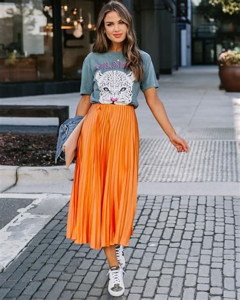 Pin By Hannah Morse On Your Pinterest Likes Orange Skirt Outfit Orange Midi Skirt Pleated