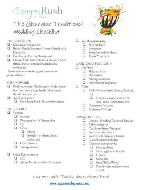 Print this wedding photography order checklist and hand it to one of your bridal party to keep you all organized during photo taking on your wedding day. The Ghanaian Traditional Wedding Check List | Wedding checklist, Traditional wedding, Wedding ...