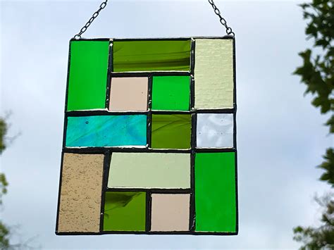 Geometric Squares Stained Glass Suncatcher Panel