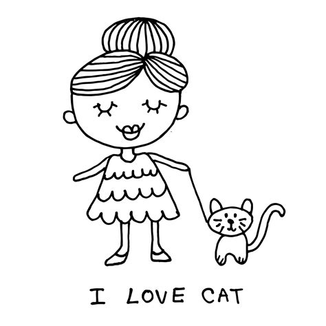 Premium Vector Cute Girl With Cat Cartoon Doodle Hand Drawing Black