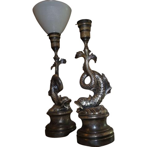 Vintage French Made 1920s Pair Of Dolphin Shaped Lamps In Silver Tone