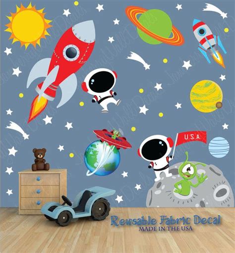 Space Wall Decal With Custom Name Astronaut Planets Sun Rocket