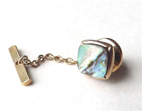 Vintage Tie Pin Tie Tack Gold Tone With Blue Abalone Paua Shell Face