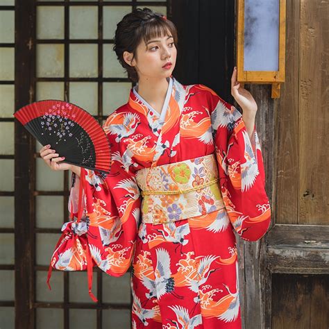Red Crane Traditional Women Kimono Gown Vintage Japanese Yukata Print