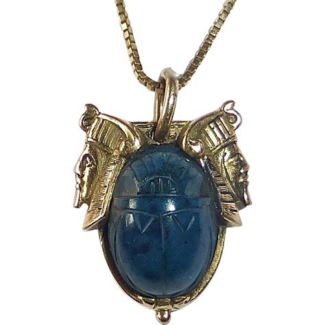 14k Egyptian Revival Carved Scarab Necklace Pharaohs Heads From