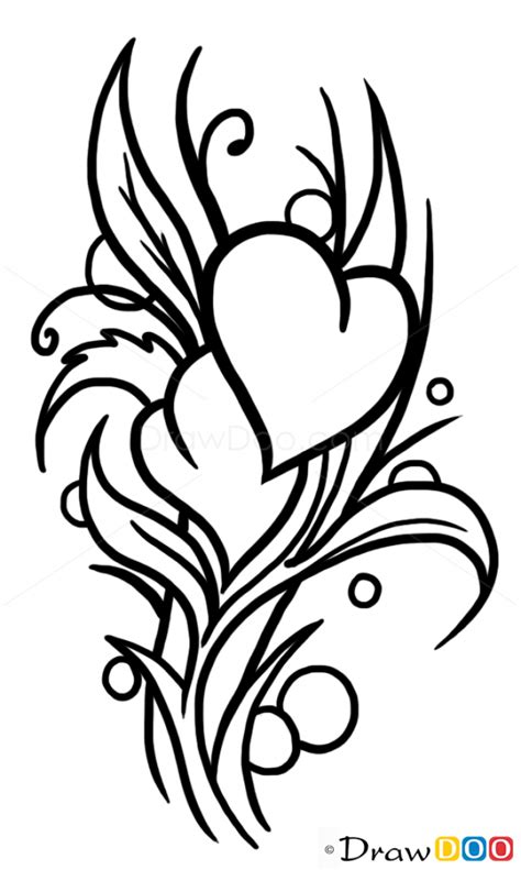 Heart with banner and rose drawings. How to Draw Heart and Flowers, Tattoo Designs