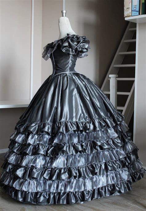 Find beautiful civil war ball gowns, southern belle dresses, ringlet hairpieces and wigs, and accessories for balls, weddings, theaters, reenactments, and historical events. Victorian ball gown in grey taffeta and organza silver ...