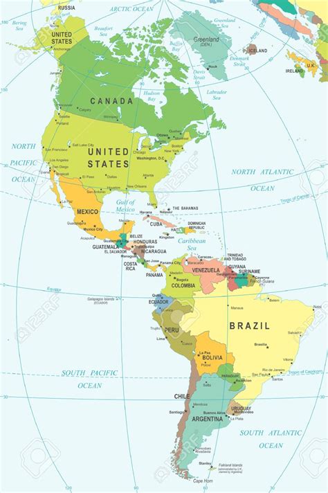 Del Norte Y América Del Sur Mapa Ilustración Color Y Cuadrícula
