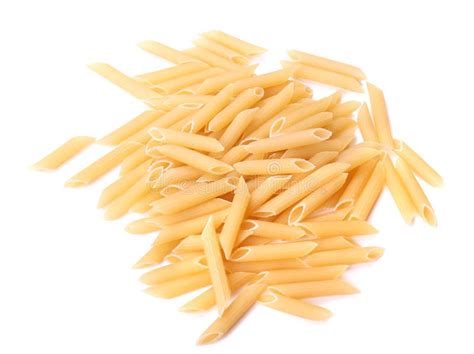 Raw And Dry Penne Noodles Isolated On A White Background Italian
