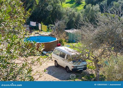 Old Van And A Swimming Pool Near Costitx Mallorca Spain Stock Photo