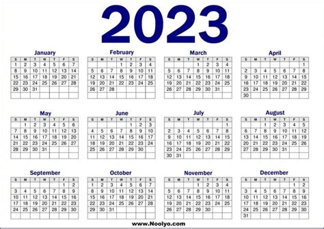 2023 Yearly Calendar Printable One Page Calendars