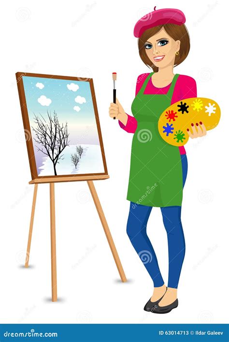 Female Painter Standing With Painting Brush Vector Illustration