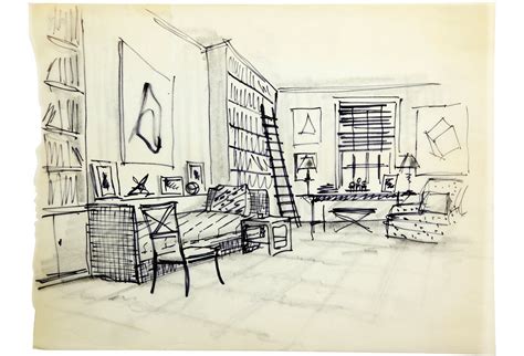 Library With Daybed Albert Hadley Interior Design Sketches