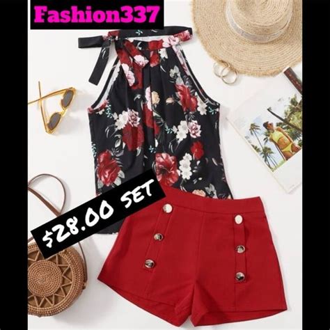 tie neck halter top with red black floral print and red shorts set in 2022 clothes design red