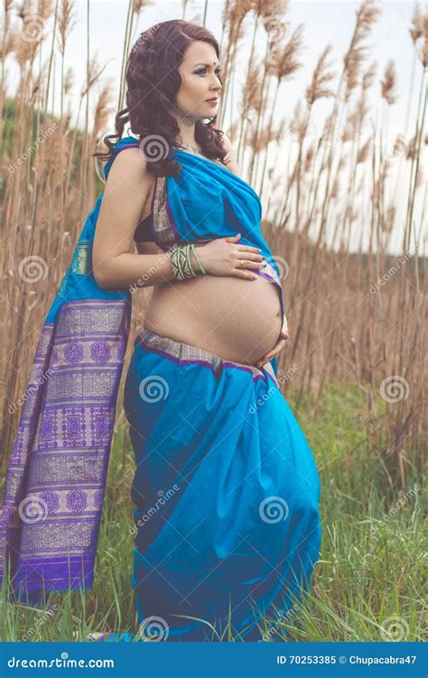Pregnant Girl Is Wearing Fashion Blue Indian Sari Stock Image Image