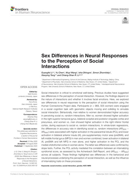 Pdf Sex Differences In Neural Responses To The Perception Of Social Interactions