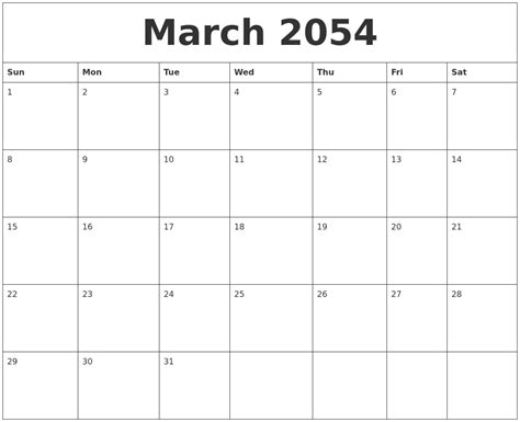 March 2054 Editable Calendar Template