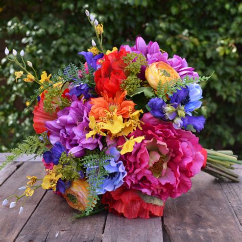 Silk Wedding Bouquet In Shades Of Yellow Red Purple Blue Pink