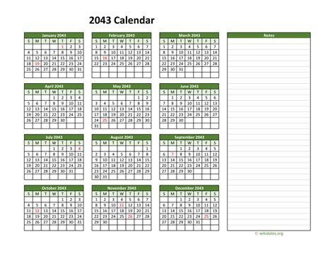 Yearly Printable 2043 Calendar With Notes