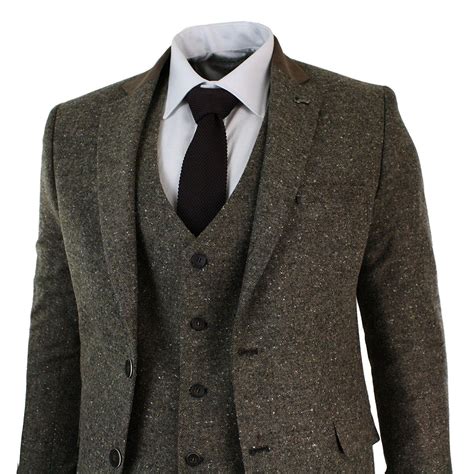 Mens Brown 3 Piece Herringbone Tweed Suit Vintage Retro Slim Fit Smart