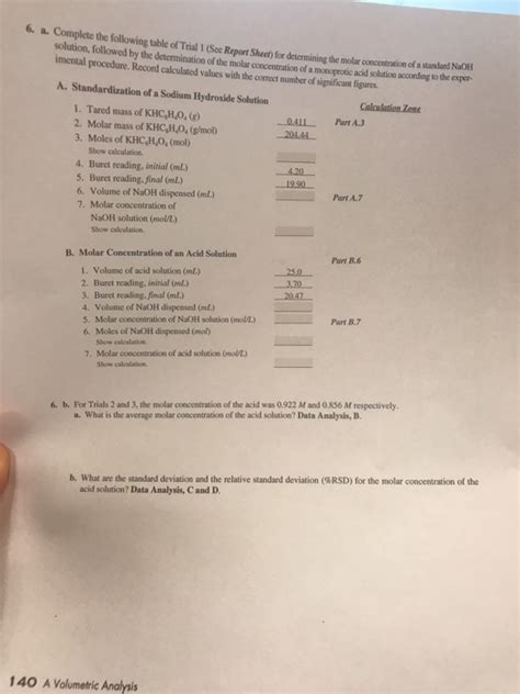 (now laugh at their calculations to 7 significant figures.) Solved: Experiment 9 Report Sheet A Volumetric Analysis Ma ...