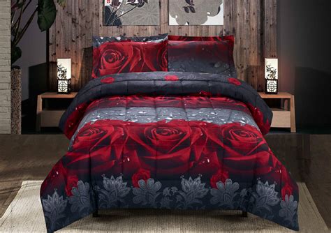 Unique Home 3 Piece Set Box Stitched Red Rose Love Prints 3d Comforter