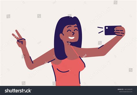 selfie pose flat vector illustration happy vector de stock libre de regalías 1491249479