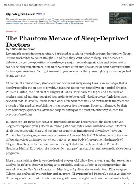 The Phantom Menace Of Sleep Deprived Doctors Nytimes Pdf Medical Error Patient